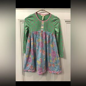 Matilda Jane Green Dress with Pink Polka Dots and Pastel Stripe 8